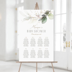 Bewerkbare babyshower zitplaatsen grafiek teken poster sjabloon, afdrukbaar groen babyshower zitplank, Boho babyshower zitplaatsen banner decor
