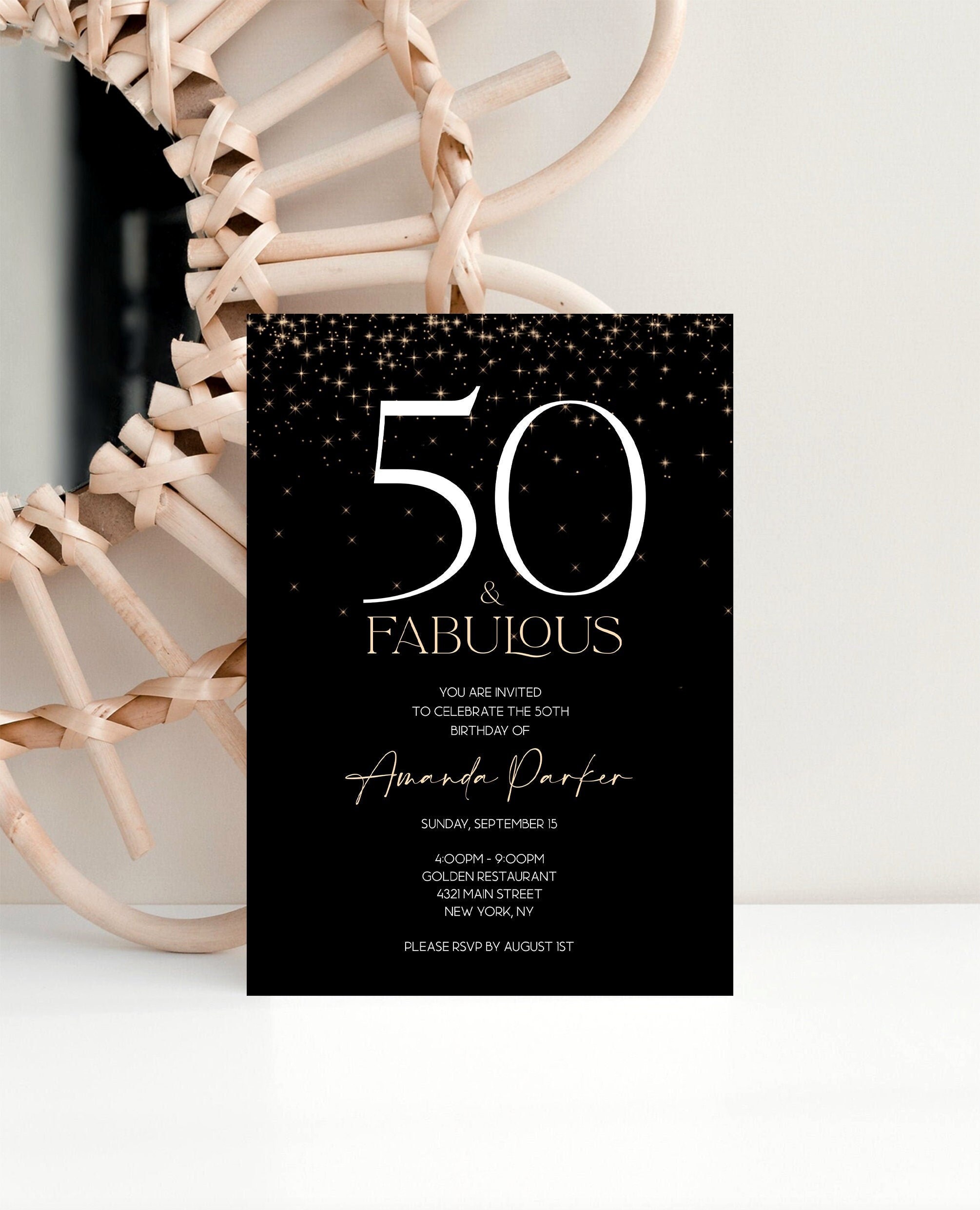 Printable Black Gold 50th Fifty Fabulous Birthday Invitation - Etsy India