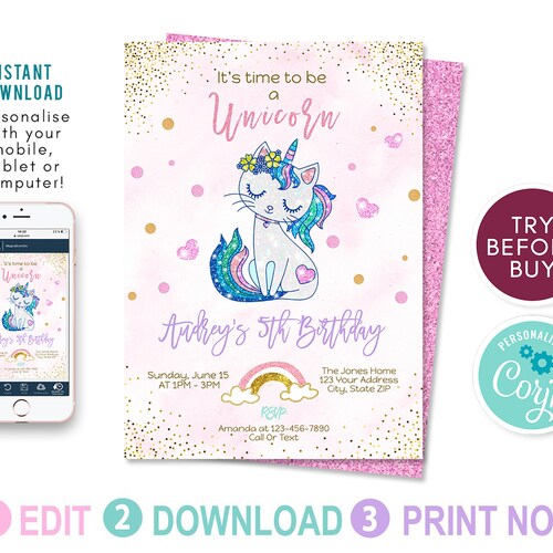 Caticorn Birthday Party Invitation Cat Unicorn Rainbow - Etsy