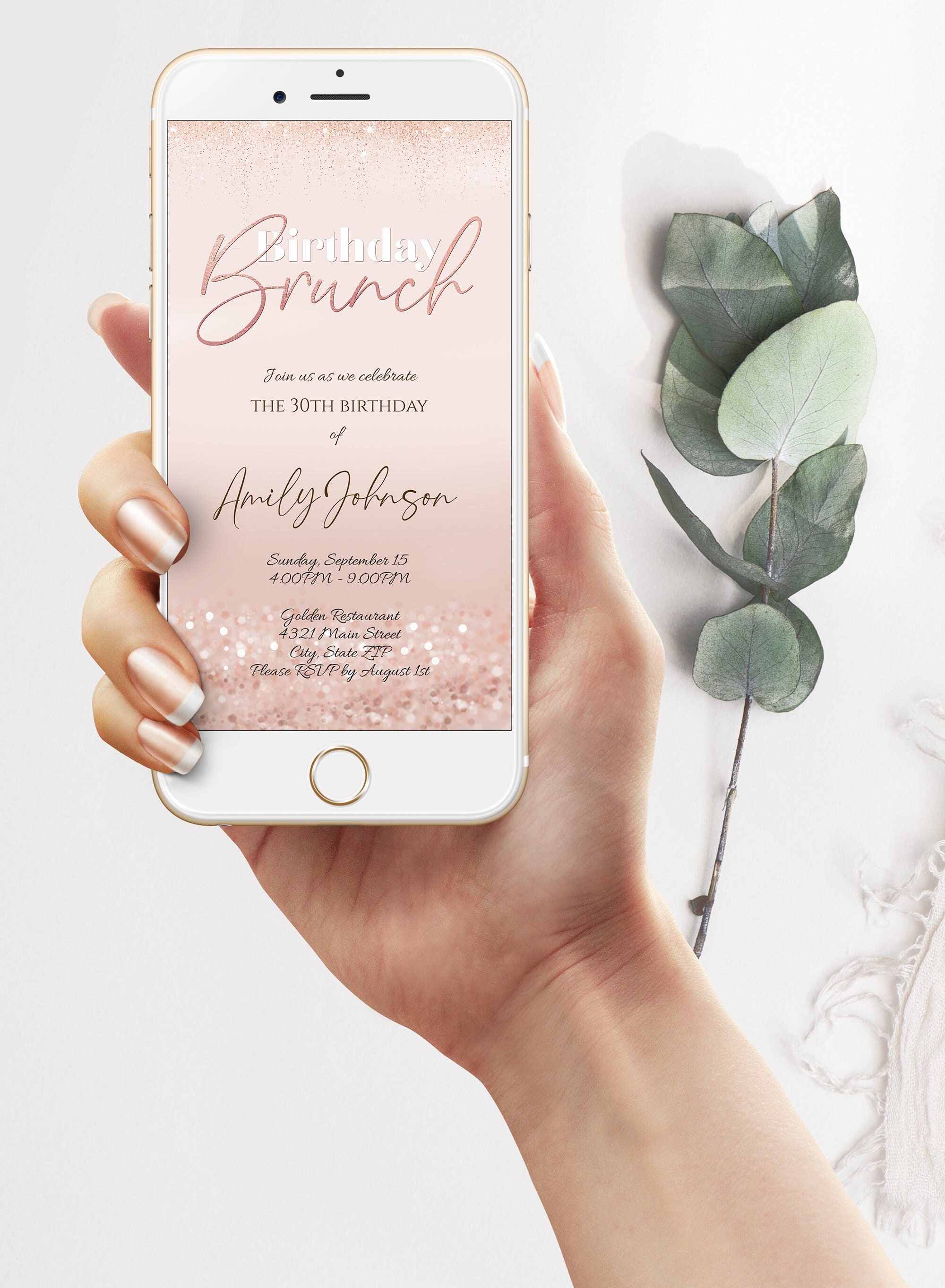 Electronic Rose Gold Birthday Brunch Invitation Template Adult Birthday Party Invitation Birthday Evite Confetti Editable