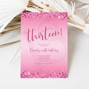 Hot Pink 13.13 Geburtstagseinladungsvorlage, druckbare 13. Teen Girl's Party Card einladen, bearbeitbare Fuchsia einladen, digitaler Download