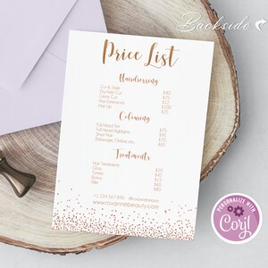 Lista de preços de ouro rosa editável, modelo de lista de preços comerciais, guia de preços para impressão, folha de preços, gráfico de salão de beleza para cabelos, download instantâneo