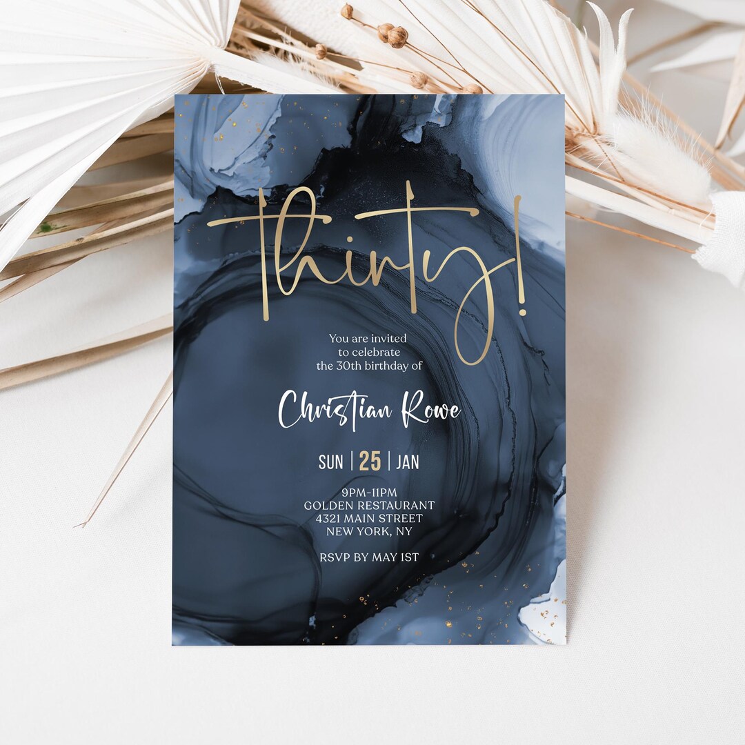 Blue Gold 30th Thirty Birthday Invitation Template, Printable Navy Men's Thirty Birthday Invite ...