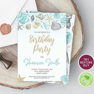 Beach Birthday Invitation Template, Editable Birthday Invite, Any Age Birthday Invitation, Tropical Beach Party, Ocean Sea, Instant Download