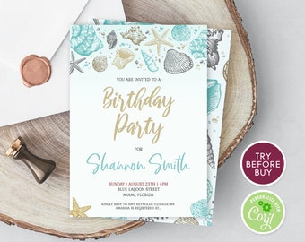 Beach Birthday Invitation Template, Editable Birthday Invite, Any Age Birthday Invitation, Tropical Beach Party, Ocean Sea, Instant Download