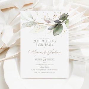 Editable Greenery Anniversary Card Invitation, Eucalyptus Leaves Wedding Anniversary template, Printable Celebration Dinner Digital Invite