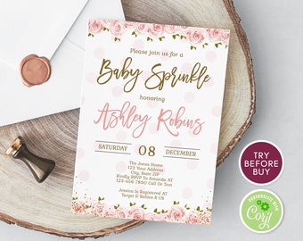 Baby Sprinkle Girl, Printable Baby Sprinkle Invite, Pink Baby Sprinkle Shower, Floral Baby Sprinkle Invitations, Baby Shower Download