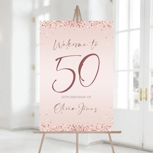 Printable Rose Gold 50th Fifty Birthday Party Welcome Sign, Editable Sign, Pink Rose Gold Birthday Welcome Sign Template, Rose Gold Confetti