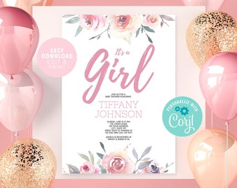 Its a Girl Baby Shower Invitation, EDITABLE Invitation, Blush Pink Floral Baby Shower Invite, Printable Girl Baby Shower Invitation DIY PDF