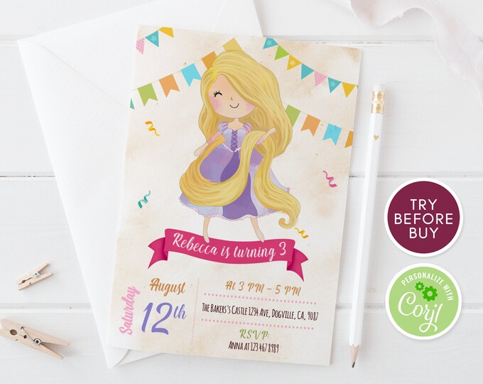 Watercolor Rapunzel Birthday Invitation Printable Princess - Etsy