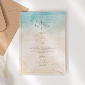 Menu modifiable de carte d'anniversaire marin de plage, menu imprimable de douche nuptiale, menu de mariage de mer, menu d'enterrement de vie de jeune fille, téléchargement numérique