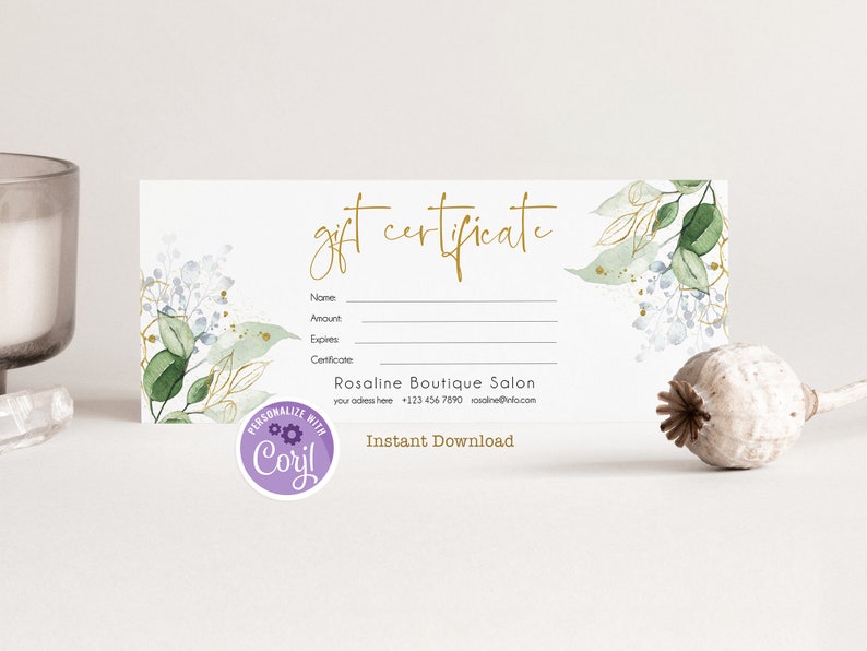 Greenery Gold Gift Card Calligraphy, Editable Gift Card Certificate, Printable Holiday Gift Card, Gift Voucher Template, Instant Download image 1