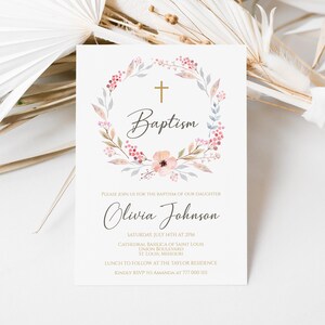 Mädchentaufeinladungsvorlage bearbeitbar, Boho-Blumenmädchen laden Vorlage ein, druckbare Blush Pink Taufkarte einladen, digitaler Download