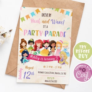 Princess Birthday Parade Invitation, Editable Drive By Invite, Virtual Party Invitation, Honk Wave Car Girl Invite, Instant Download Digital