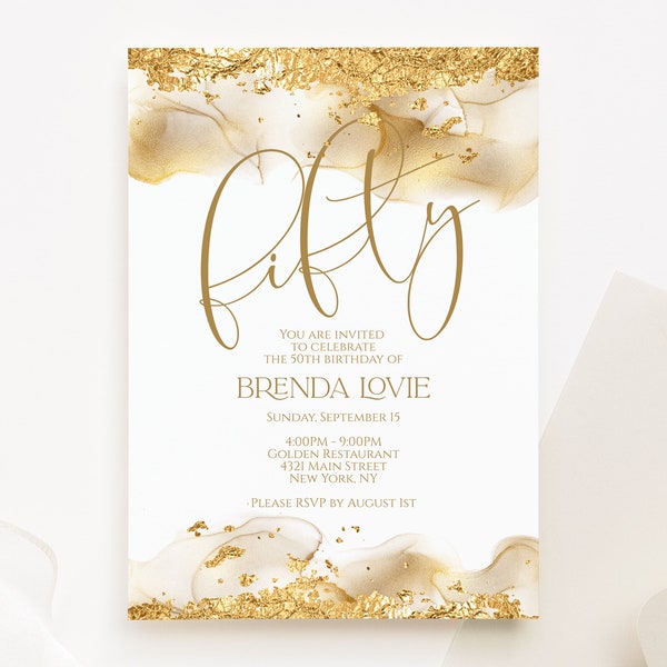 Printable 50th Fifty Invitation, Editable Gold Foil Glitter Birthday Invitation Template, DIY Invite, Text Digital Invite, Instant Download