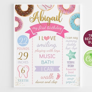 Tablero de primer cumpleaños de donut imprimible, letrero de pizarra blanca de cumpleaños de hitos de niña, rosa, púrpura, verde azulado, póster de fiesta de melocotón, chispas de bricolaje