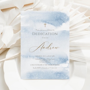 Modèle d'invitation de dédicace de bébé garçon imprimable, invitation de dédicace aquarelle or bleu, carte de baptême garçon modifiable, message texte email
