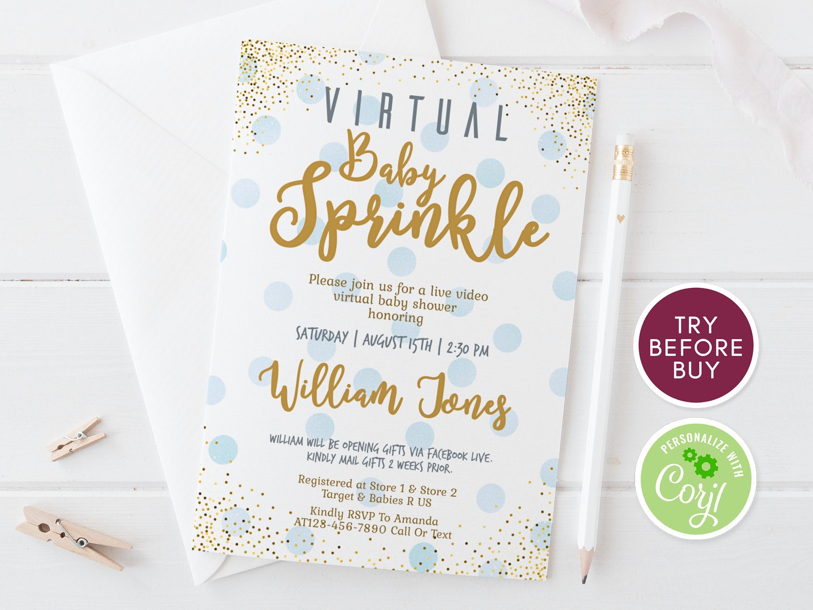 Editable Virtual Baby Sprinkle Invitation Printable Blue Etsy
