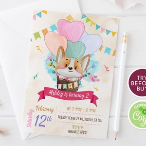 Puppy Birthday Party Invitation, Dog Birthday Party Invite, Editable Puppy Corgi Dog Invitation Template, Printable Invite, Instant Download