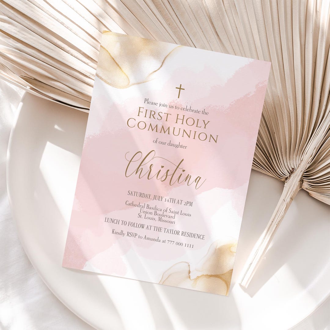 Girl First Communion Invitation Template, Pink Gold Watercolor ...