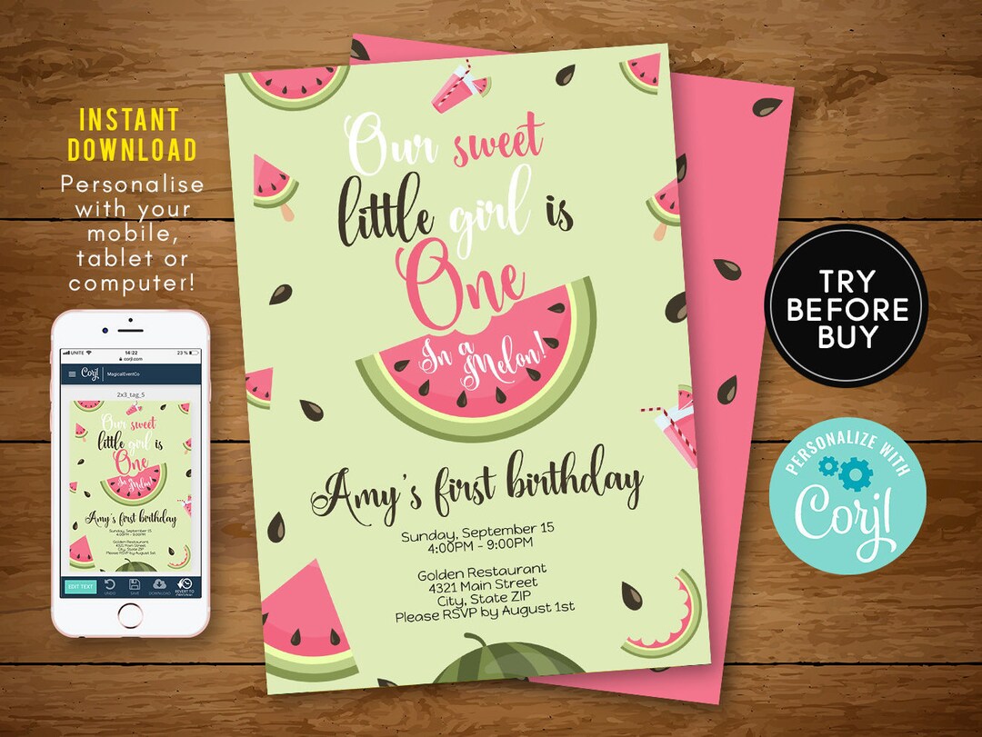 Watermelon Birthday Invitation, Printable Party Invite, One in a Melon ...