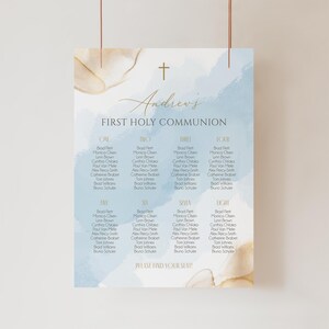 Modèle de panneau de carte des places assises de la première communion, plan des places assises bleu or, plan des places assises modifiable, affiche de signe des places assises de la première communion garçon