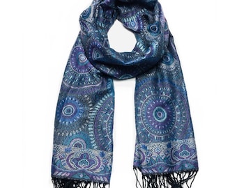 Mandala blue pashmina,shawl,festival,purple scarf,circles pashmina,mandala scarf,boho,hippie,bohemian,turban,warm scarf,unisex scarf,gift id