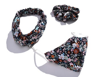 Yoga headband facemask set printed dustproof washable 3D designer facemask 100% Cotton mask with Filter Pocket Adjustable Mask Hairband Set