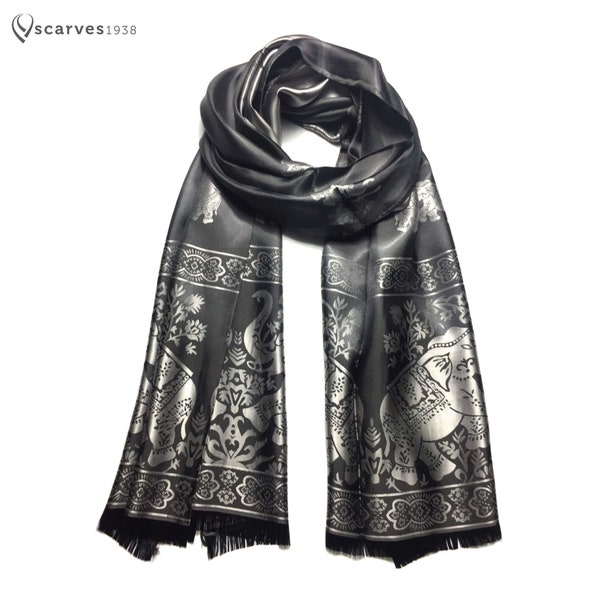 Silk Scarf,Gift for her,shawl,reversible scarf,black scarf,scarves,elephant lover,boho,silver,bohemian scarf,elegant,unisex, accessory moda