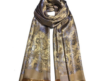 Gold reversible silk scarf,Gift for her,shawl,festival scarf,Bridesmaid scarf,flowers scarf,unisex scarf,bohemian scarf,gypsy,silk scarfs