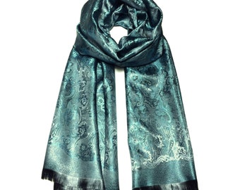 Blue/green silk flower scarf Gift for her shawl elegant scarf scarves1938 Silk scarf flowers lover Festival scarves Green blue silk scarf