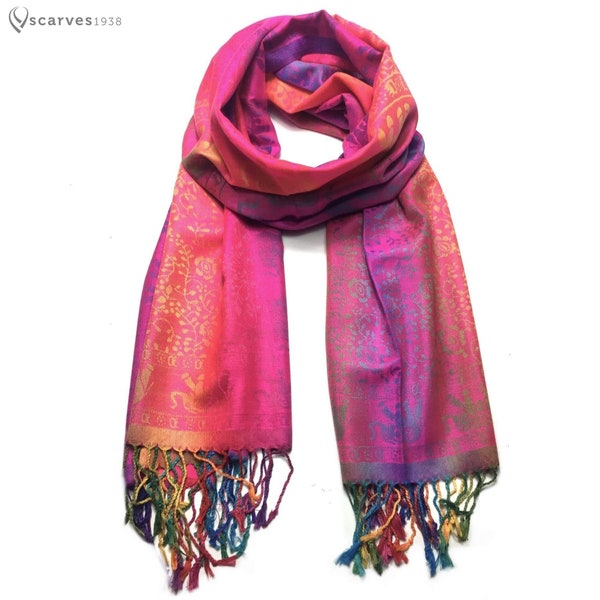 Écharpe pashmina colorée, pashmina fuchsia, écharpe arc-en-ciel, écharpes, style festival, écharpe bohème, hippie, écharpe bohème, écharpe cachemire, écharpe éléphant