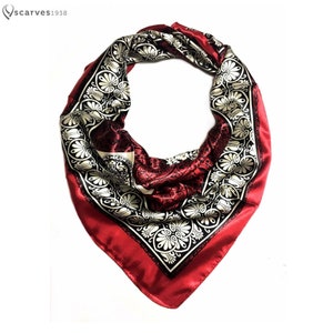 Red Silky Geometric Scarf Bohemian Print Scarf Vintage Head Scarf Square Summer Satin Scarf Gift Set for Women Satin feeling scarf headscarf