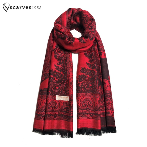 Reversible pashmina roja bufanda paisley chal Para festival rojo negro pashmina boho bufanda hippie Tribal Boho bufanda regalo único mujer bufanda