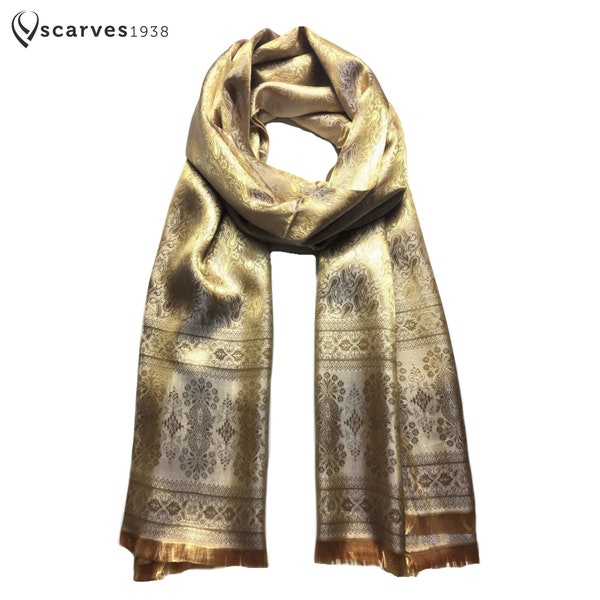 Gold and silver silk scarf women scarf Gift for her shawl festival scarf scarves1938 paisley scarf hippie bohemian scarf gypsy gift for him