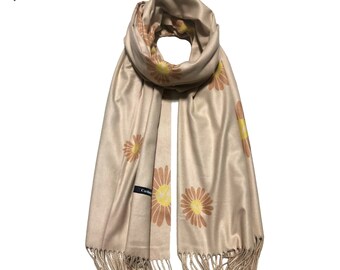 Écharpe en cachemire haut de gamme fleurs sable, cadeaux pour maman écharpes pour femme châle floral cadeau d'anniversaire pour elle écharpe à imprimé floral écharpe sable beige