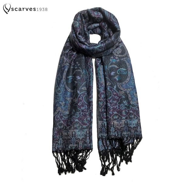 Black and blue Pashmina Scarf flower festival pashmina shawl hippie Shawls Women purple Wraps Stole Mothers Day Gift Bohemian Gift for her