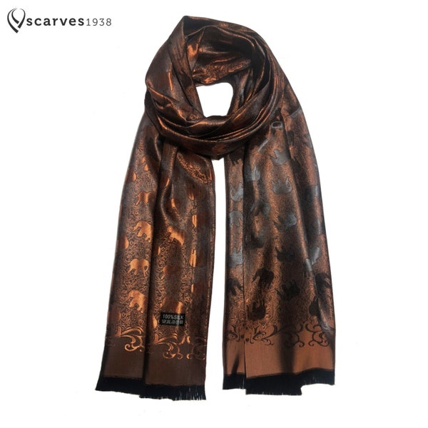 Bronze elephants silk scarf shawl festival scarf elephants lover elegant scarf unisex scarf boho scarf gray scarf bohemian gypsy silk scarfs