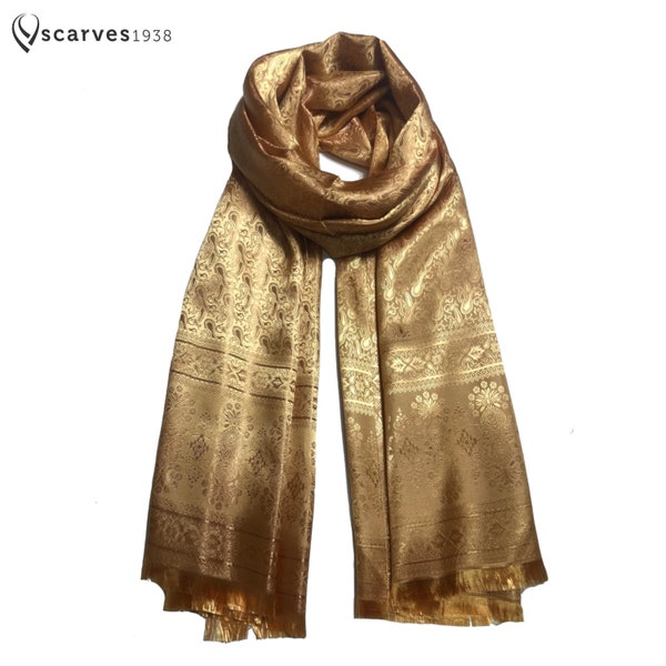 Gold Silk Scarf,Gift for her,shawl,festival scarf,scarves1938,paisley scarf,boho,hippie,bohemian scarf,gypsy,accessory moda,bridesmaid scarf