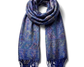 Blue and Purple Paisley Pashmina | Bohemian Festival Shawl | Soft Hippie Wrap | Unisex Turban Scarf | Elegant Gift for Her