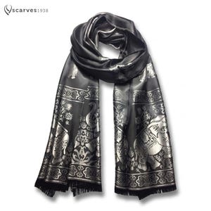 Seidenschal,Geschenk für sie,Schal,wendbarer Schal,schwarzer Schal,Schals,Elefant-Liebhaber,Boho,Silber,Boho Schal,elegant,Unisex, Accessoire moda