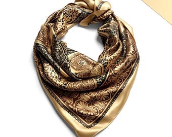 Gold Silky Geometric Scarf Square scarf Wrap headscarf Vintage Head Scarf woman accessory bandana satin scarf foulard neckerchief Hair Wraps