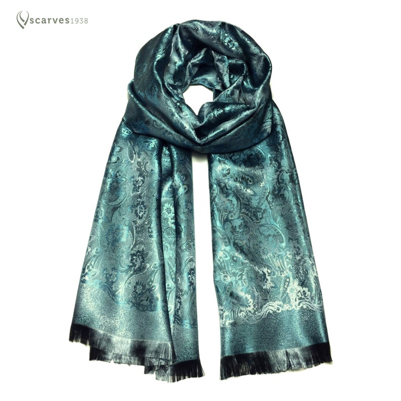 Blue/green silk flower scarf Gift for her shawl elegant scarf scarves1938 Silk scarf flowers lover Festival scarves Green blue silk scarf zdjęcie 6