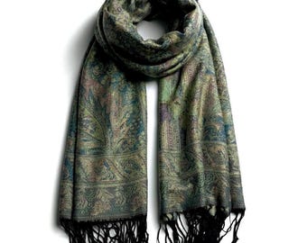 Natural Green Pashmina Scarf | Bohemian Paisley Shawl | Festival Wrap for Her | Handmade Bridesmaid Gift | Boho Style Stole
