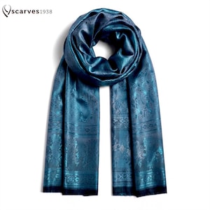 Bufanda de seda azul / Chal reversible con estampado paisley / Pañuelo bohemio para festivales / Estola bohemia unisex / Regalo único de accesorio nupcial para ella