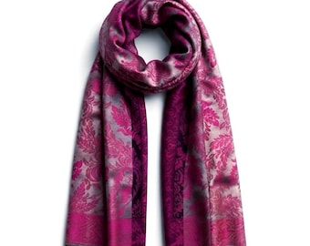 Fuchsia and Gray Fine Wool Scarf | Soft Boho Knit Wrap | Unisex Festival Stole | Elegant Bohemian Fashion Gift for Her