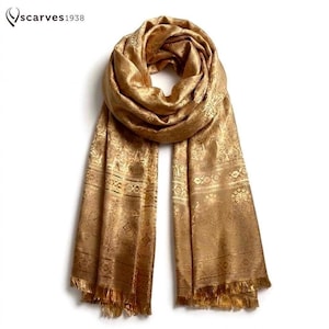 Dark Gold Thai Silk Scarf | Handwoven Paisley Bohemian Shawl | Elegant Festival Wrap | Handmade Accessory Gift for Her