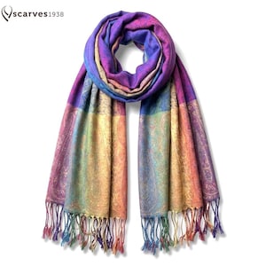 Bufanda de pashmina arcoíris colorida / Chal boho paisley para festivales / Chal boho vibrante / Estola hippie para fiestas rave / Un regalo artesanal verdaderamente único