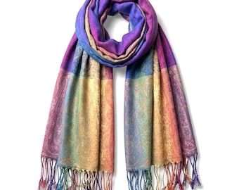 Colorful Rainbow Pashmina Scarf | Bohemian Paisley Festival Shawl | Vibrant Boho Wrap | Hippie Rave Stole | A Truly Unique Handmade Gift