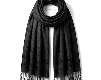 Handwoven Thai Pashmina Scarf | Black Elephant Tribal Boho Shawl | Tribal Print Wrap for Her | Handmade Gift for Elephant Lovers